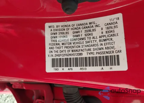 2019 Honda Civic Lx из США, поврежденный, VIN 2HGFC2F62KH512089